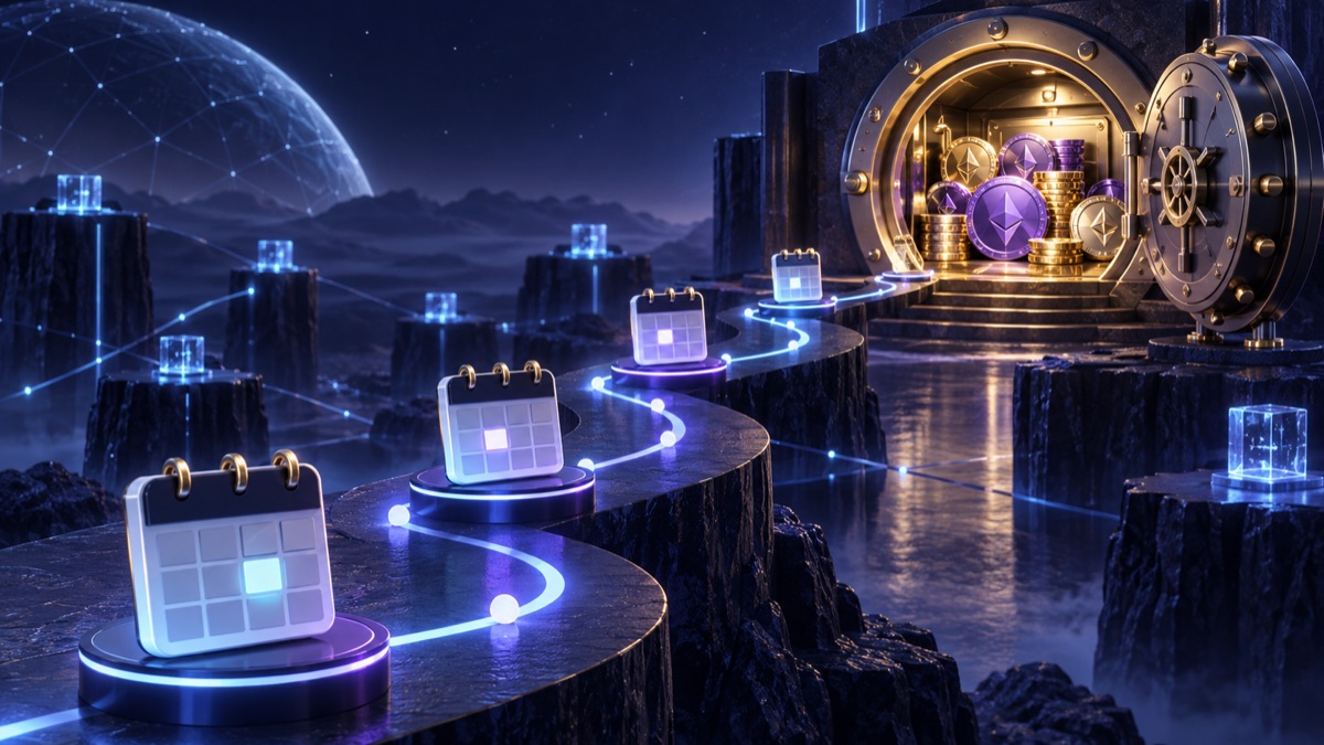 Illustration of scheduled Web3 reward windows leading toward a secure token vault